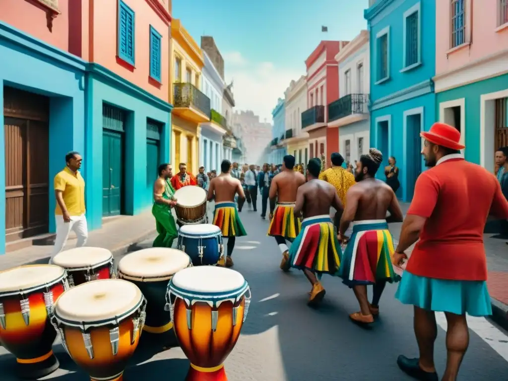 Una animada escena de la Ruta del Candombe en Montevideo, con músicos y bailarines vibrantes en coloridas calles