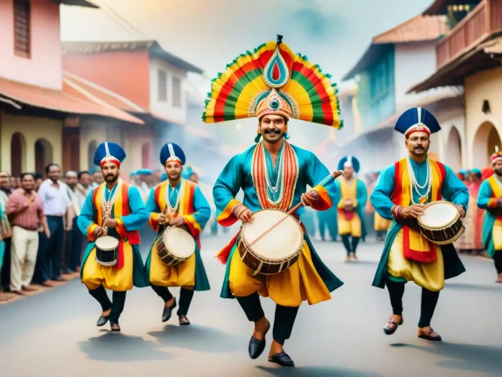 Una animada murga desfila por la calle con músicos y bailarines en trajes coloridos