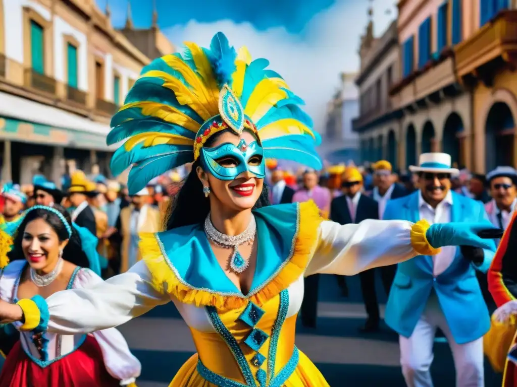 Una animada pintura acuarela de una calle abarrotada en Montevideo durante el Carnaval, con trajes coloridos y música festiva llenando el aire