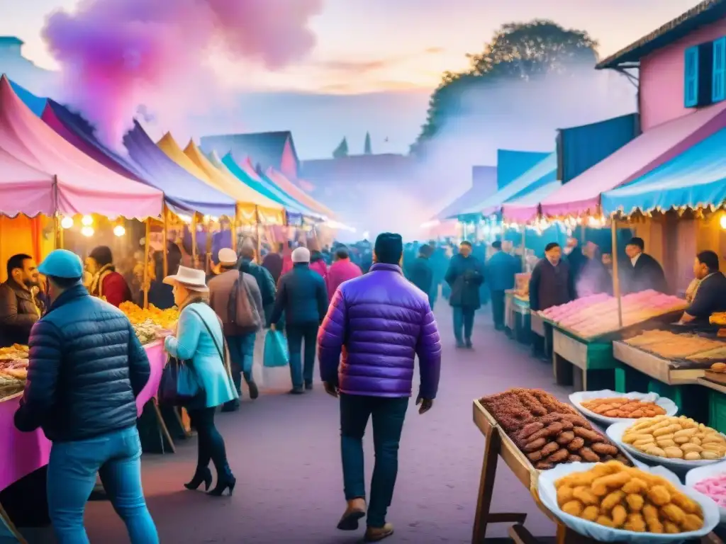 Una animada pintura acuarela de una calle de carnaval uruguayo con puestos de comida tradicional vendiendo asado, chivito y churros