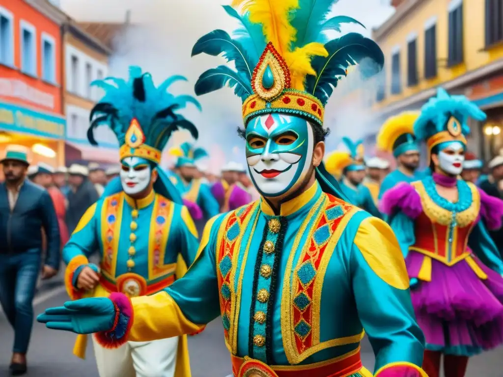 Una animada pintura acuarela del Carnaval Uruguayo, con desfiles y música tradicional