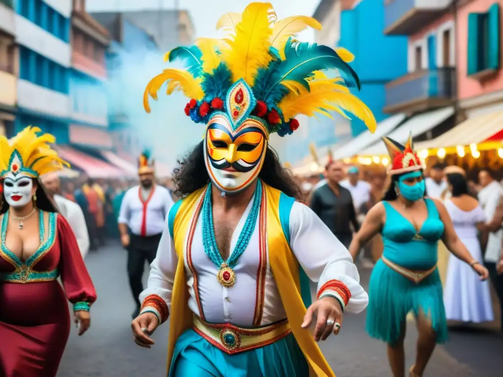 Una animada pintura acuarela del Carnaval Uruguayo con trajes coloridos y máscaras