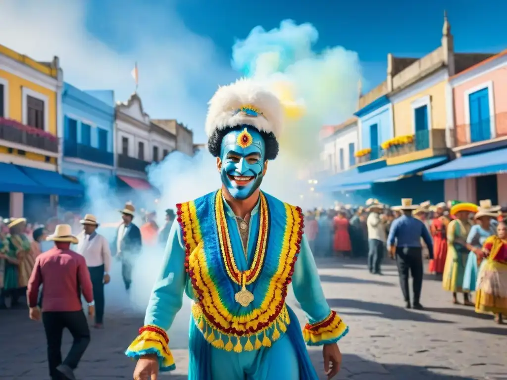 Una animada pintura acuarela de Carnaval en el interior de Uruguay, con gente colorida bailando y celebrando en la plaza del pueblo