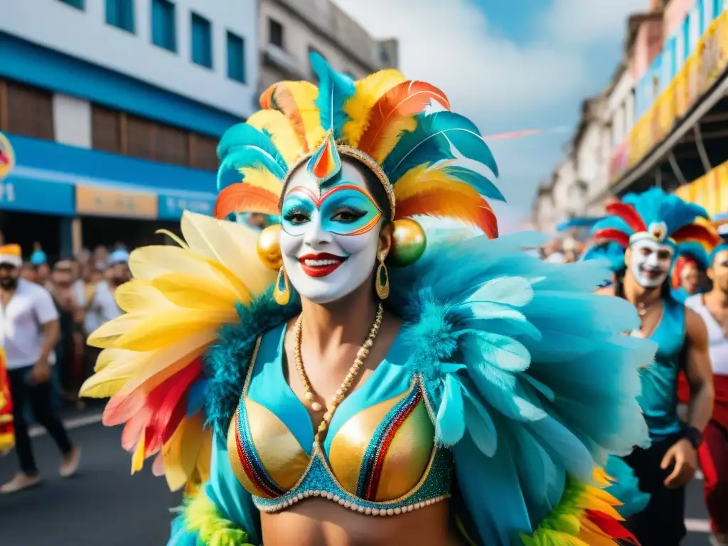 Una animada pintura acuarela de Comparsas LGBT+ en Carnaval Uruguayo, con colores vibrantes y alegría festiva