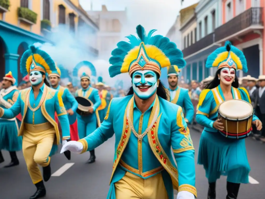 Una animada pintura acuarela de un desfile de carnaval en Uruguay, resaltando la evolución de las comparsas uruguayas