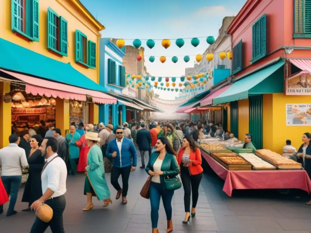 Una animada pintura en acuarela de la gastronomía del Carnaval Uruguayo en Montevideo, con coloridos puestos de comida y celebraciones festivas