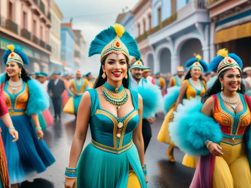 Una animada pintura al agua que retrata el bullicioso Carnaval en Uruguay