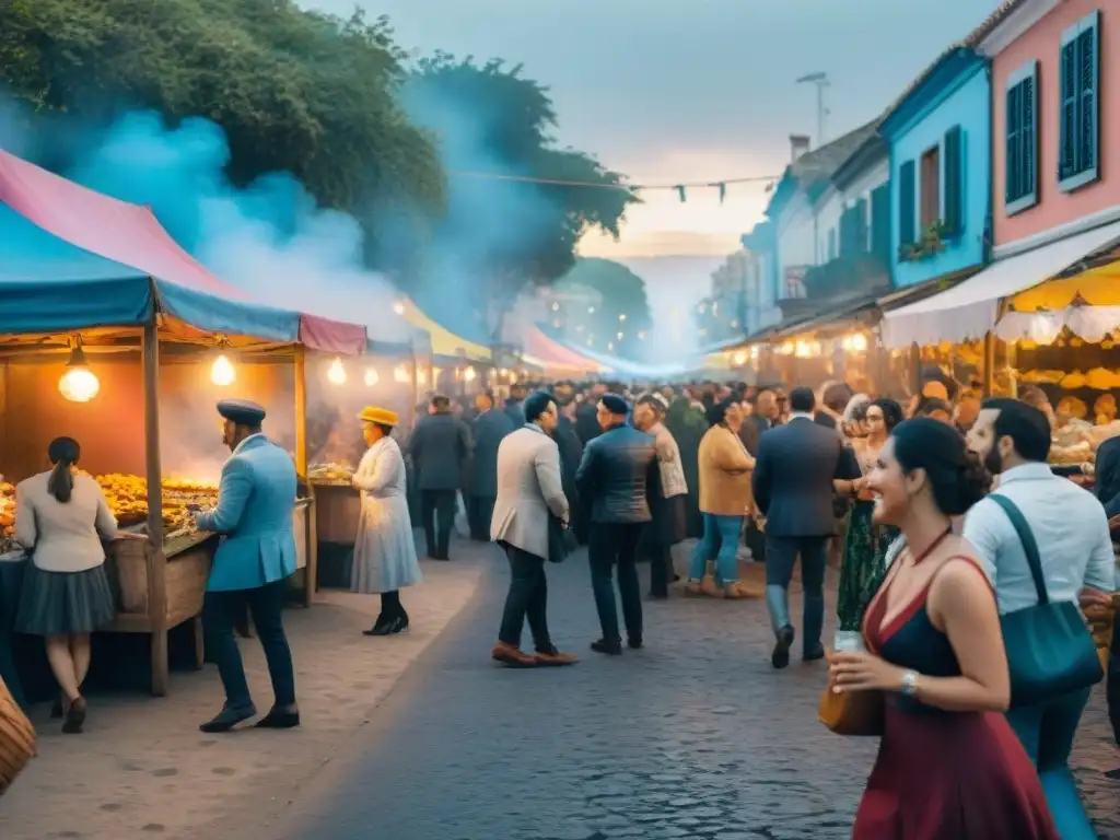 Animada ruta gastronómica durante el Carnaval en Uruguay con chivitos, asado y churros en puestos de comida coloridos y festivos