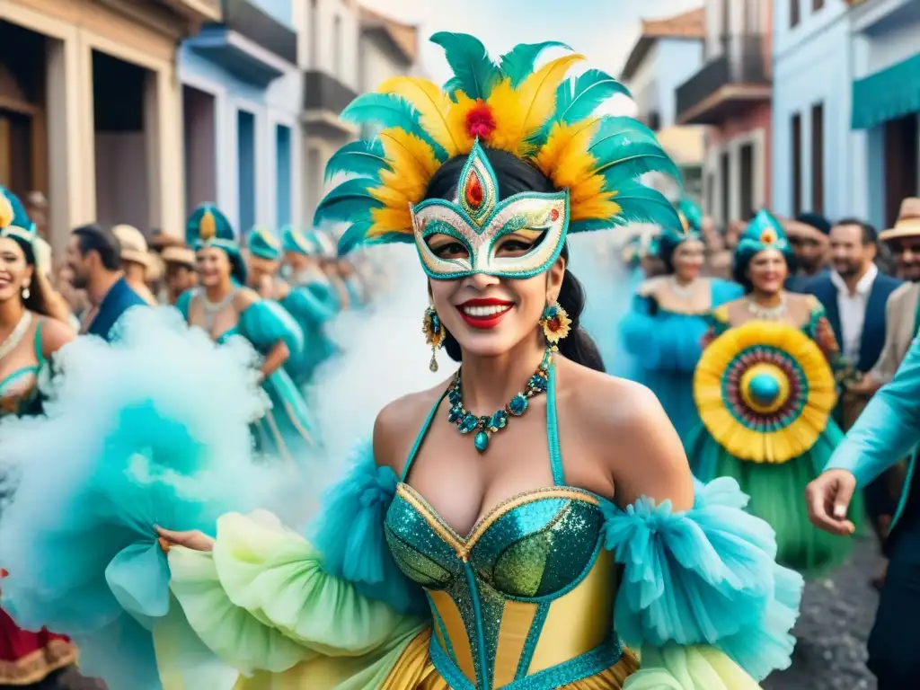 Una animada ilustración acuarela de un vibrante Carnaval en Uruguay