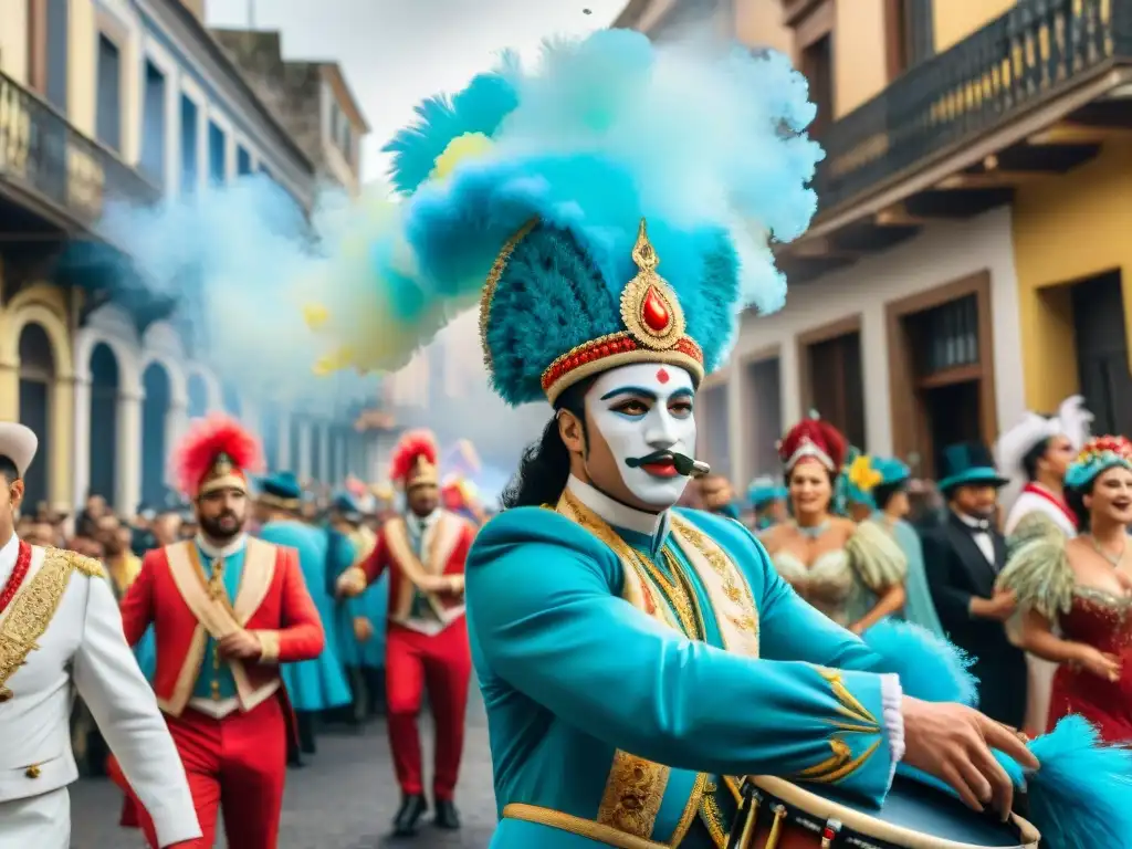 Una animada ilustración acuarela del vibrante desfile de carnaval en Uruguay, con bailarines, músicos y espectadores disfrutando de la festividad