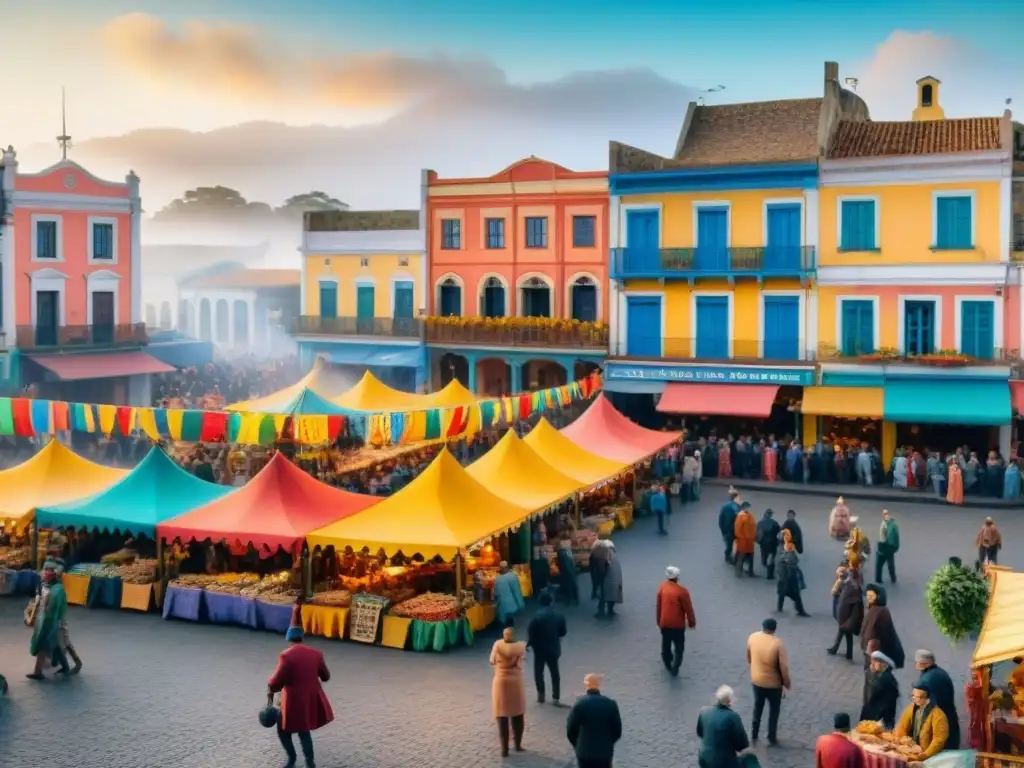 Animado Carnaval en el interior de Uruguay: Plaza bulliciosa con papel picado y festivos disfraces