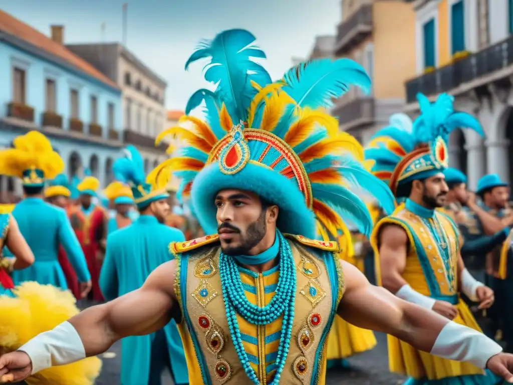 Animado Carnaval Uruguayo con coloridos trajes, murgas y danzas, celebración comunitaria