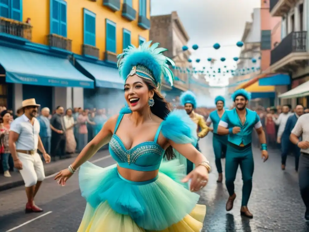 Un animado cuadro de acuarela que representa una bulliciosa calle en Montevideo durante el vibrante Carnaval