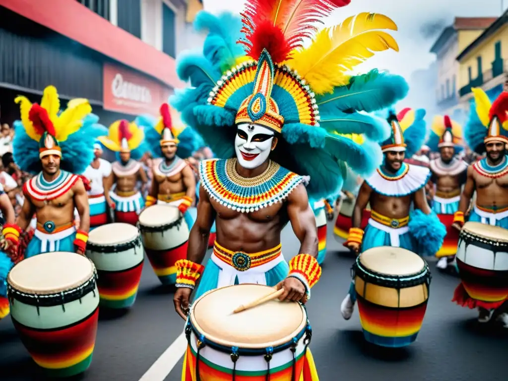 Un animado cuadro de acuarela que retrata un bullicioso desfile de Carnaval en Uruguay, con bailarines coloridos en trajes intrincados moviéndose al ritmo de tambores de candombe