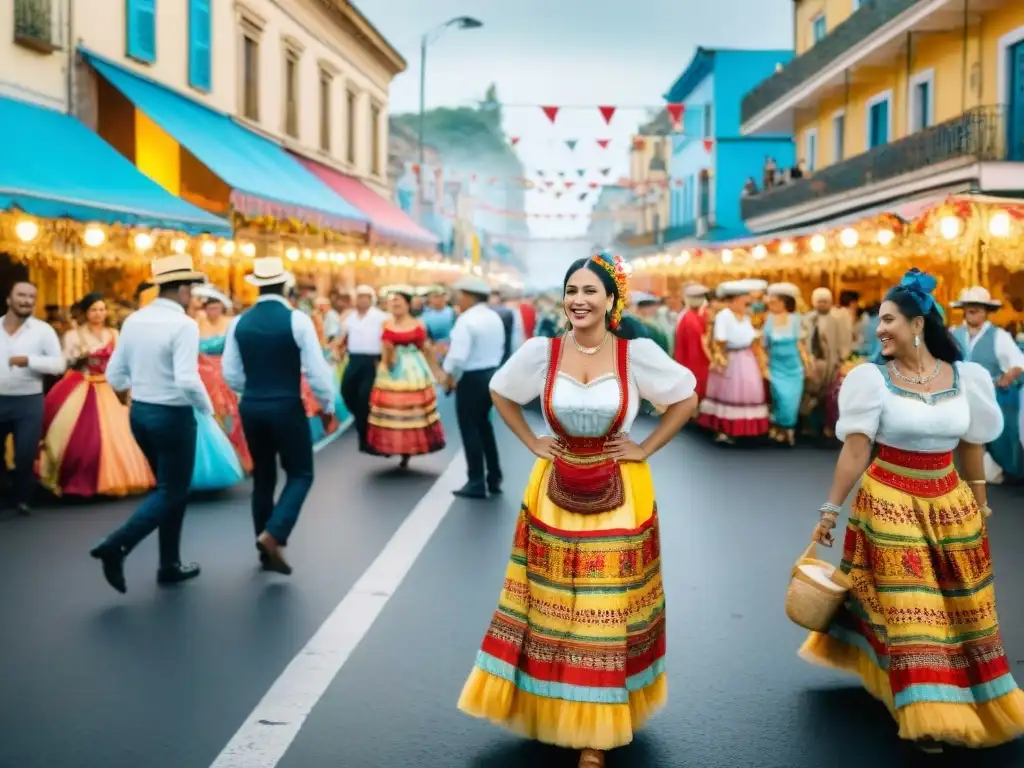 Un animado cuadro en acuarela del Carnaval en Uruguay