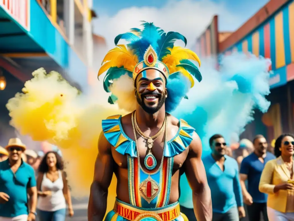 Un animado cuadro acuarela de personajes destacados Carnaval Uruguayo desfilando juntos en ambiente festivo y diverso