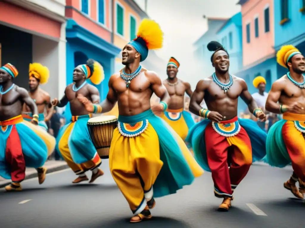 Un animado desfile de candombe con bailarines en trajes tradicionales africanos, capturando las influencias africanas en vestuario candombe