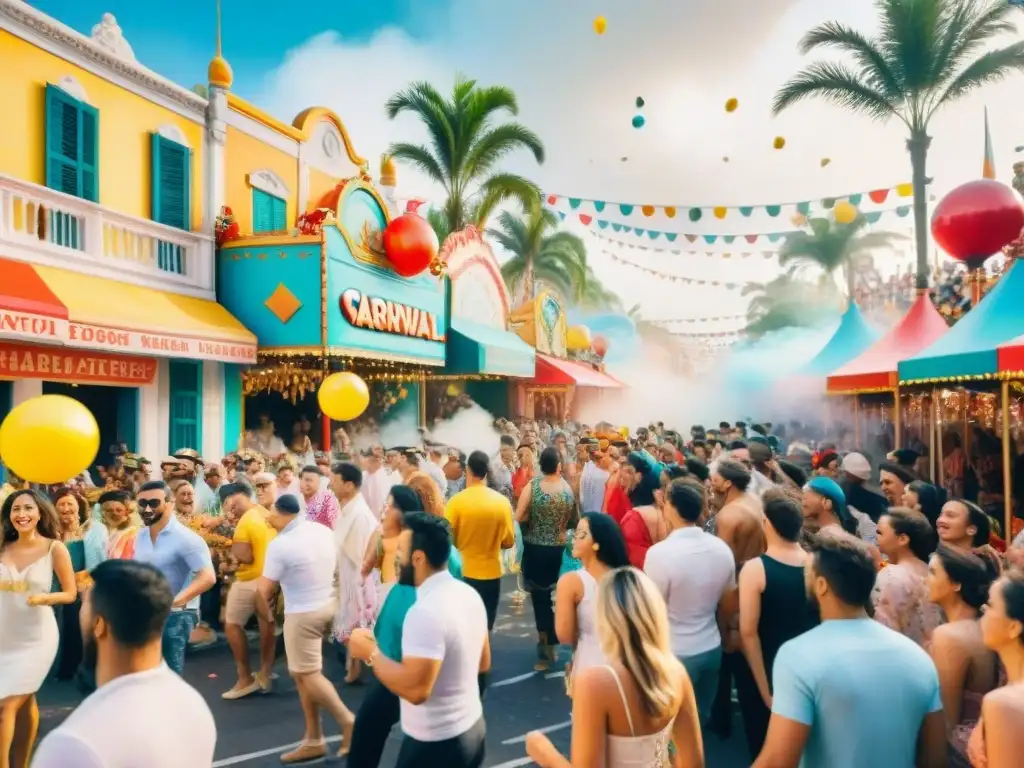 Carnaval vibrante: desfile de color y alegría Un animado desfile de Carnaval con carros alegóricos, bailarines, espectadores y confeti, ideal para Retiros de bienestar durante Carnaval