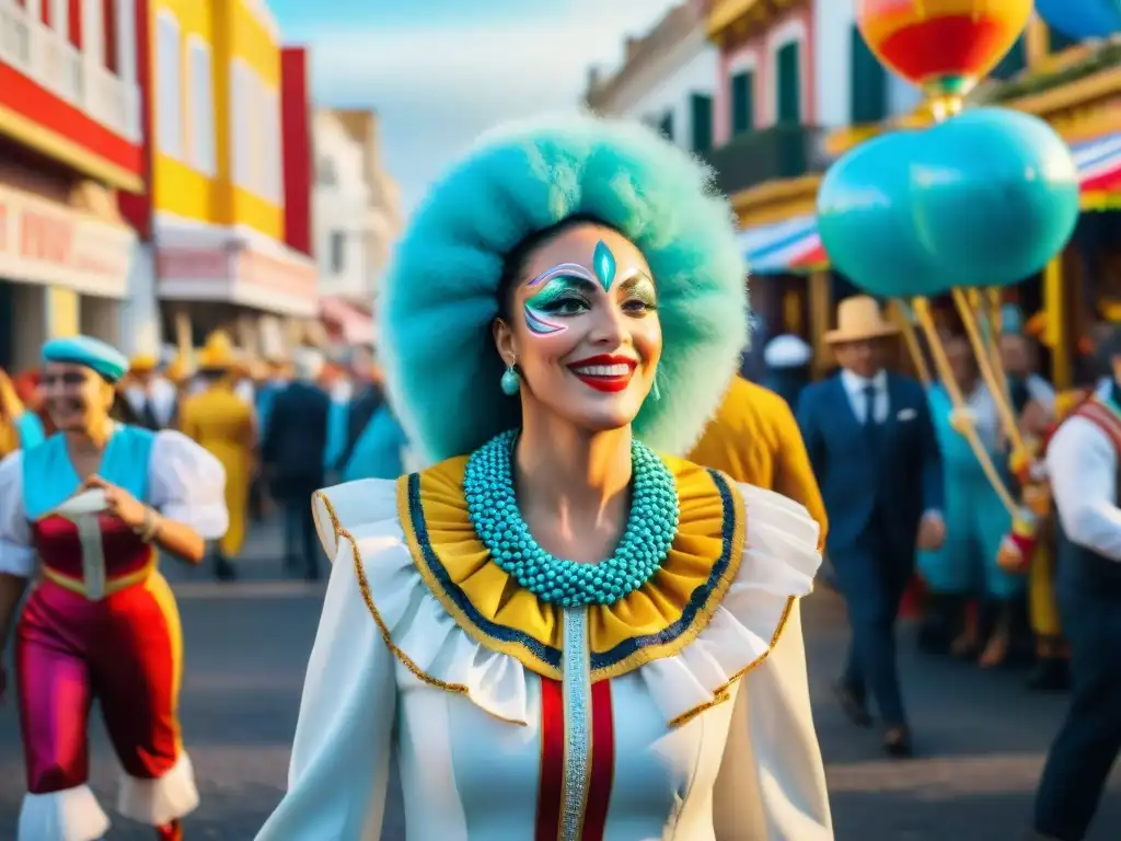 Un animado desfile de Carnaval en Uruguay con coloridos artistas y espectadores felices