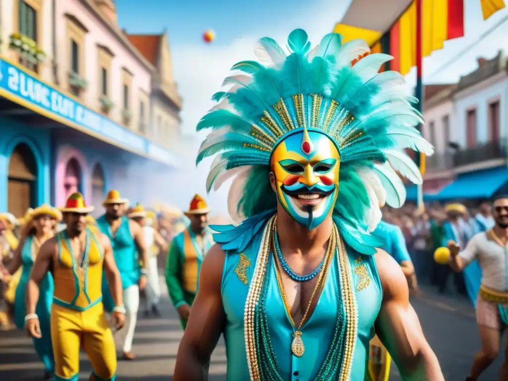 Animado desfile de carnaval en Uruguay con flotantes coloridos y espectadores alegres