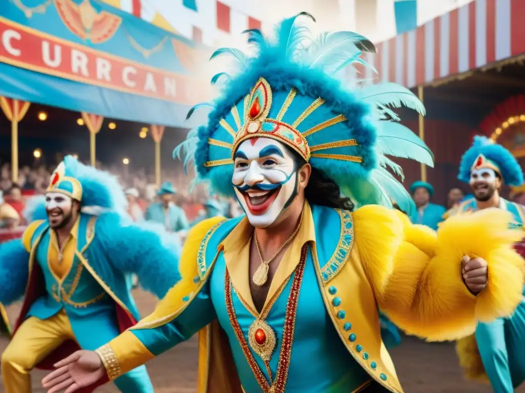 Un animado escenario de carnaval con humoristas uruguayos y una audiencia festiva vistiendo trajes tradicionales