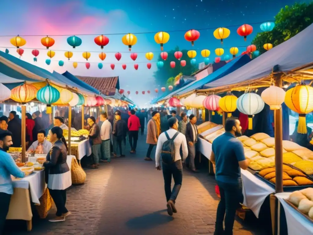 Animado mercado callejero de Carnaval con puestos de comida tradicional y coloridas decoraciones bajo la noche estrellada