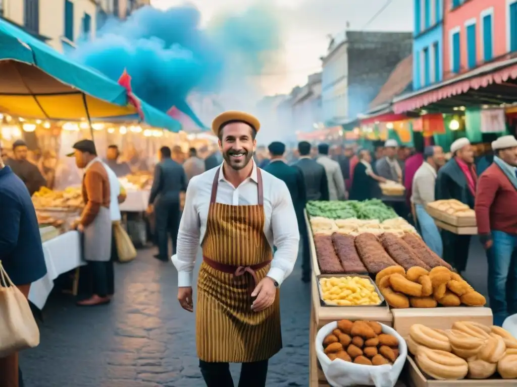 Animado mercado callejero en Carnaval de Uruguay con comida tradicional, gente festiva y paisajes icónicos