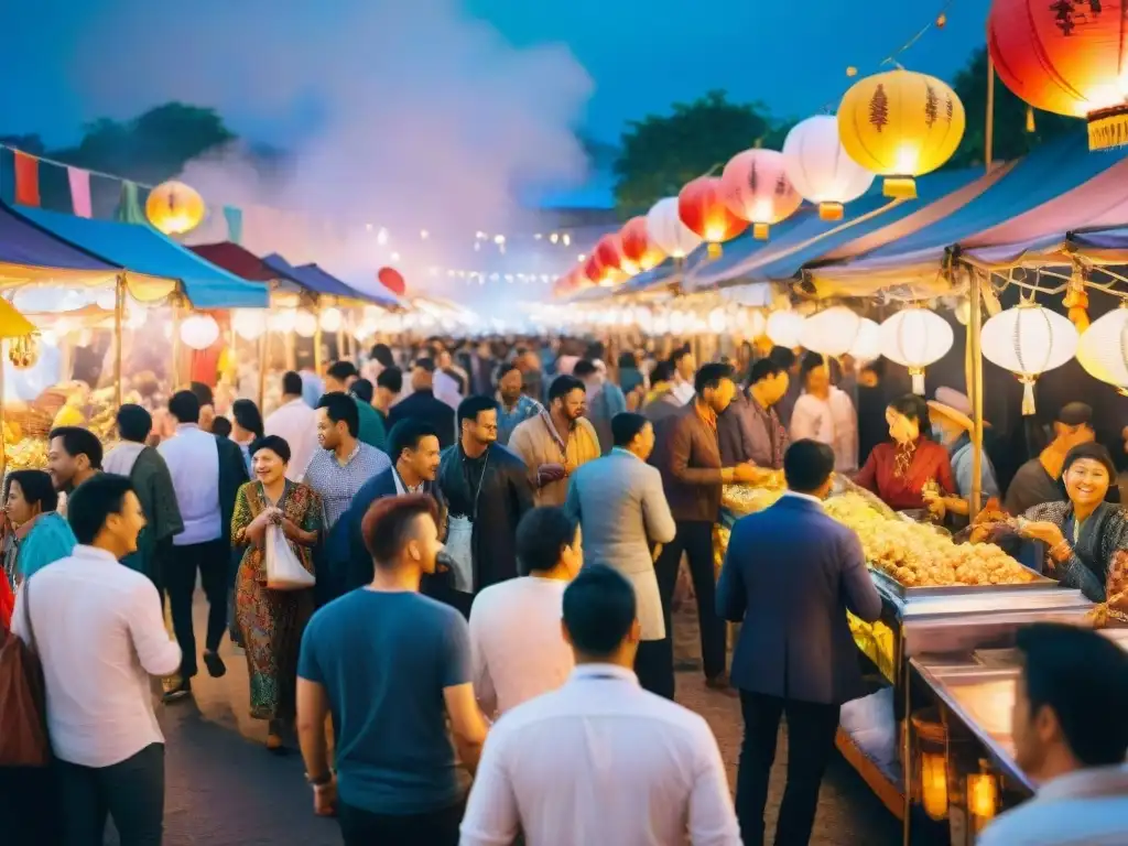 Animado mercado nocturno de Carnaval, lleno de coloridos puestos de comida iluminados por faroles, gente enmascarada y ambiente festivo