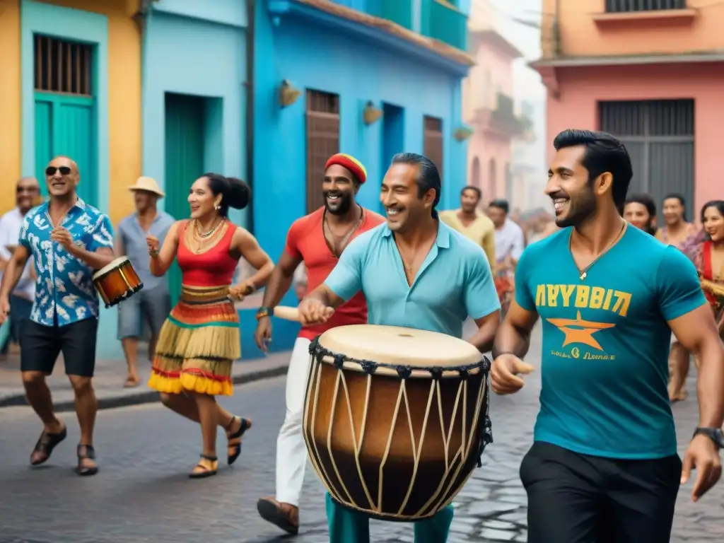 Un animado taller de candombe en Uruguay: gente diversa disfruta de la música y baile callejero en Montevideo