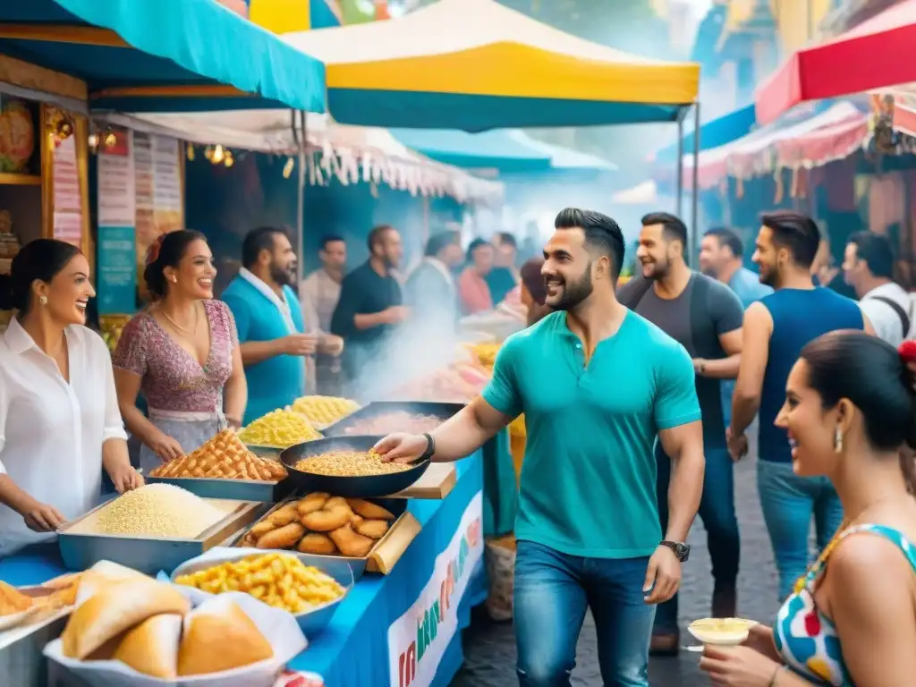 Animados puestos de comida en Carnaval Uruguayo, con chivitos, empanadas y churros bajo confeti y música festiva