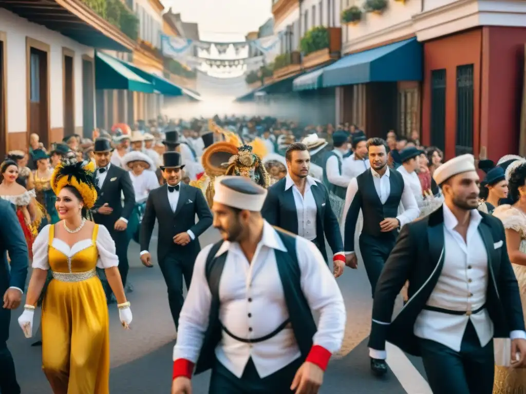 Fotografía antigua del Carnaval Uruguayo: calle bulliciosa con coloridos trajes, música alegre y bailarines en blanco y negro