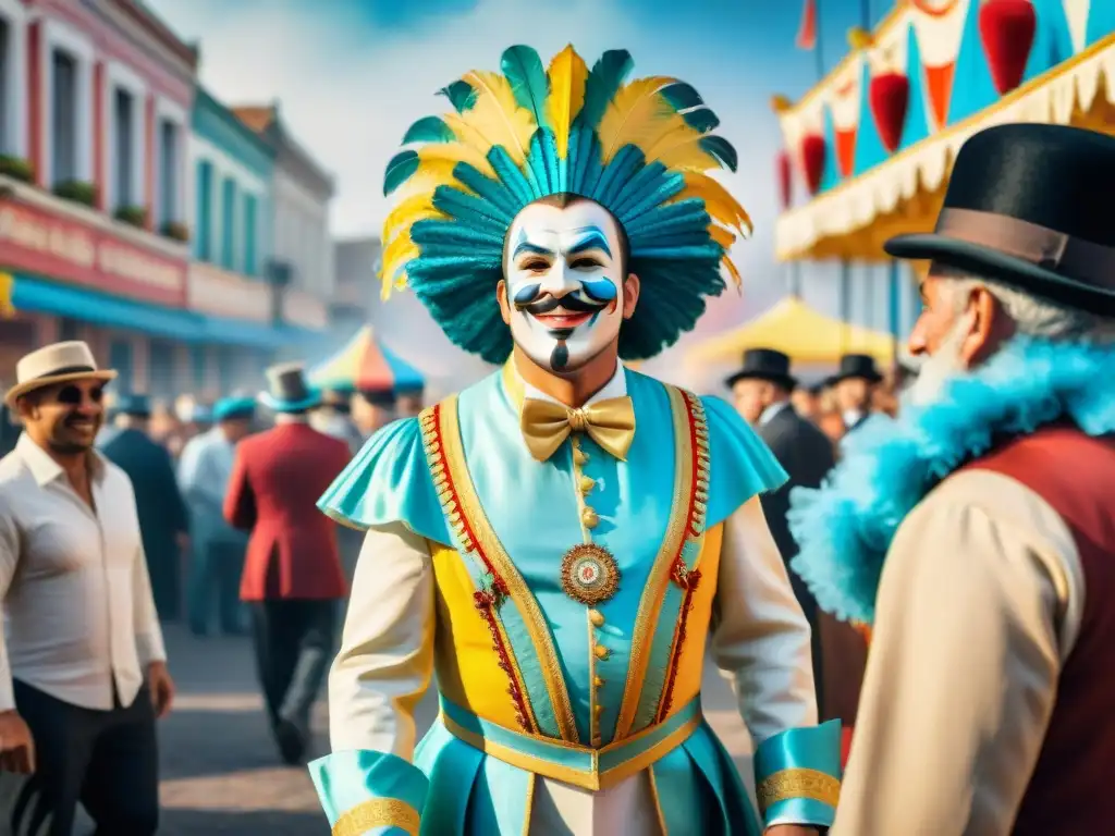 Fotografía antigua del Carnaval Uruguayo en la década de 1900, con coloridas escenas festivas y espectadores jubilosos