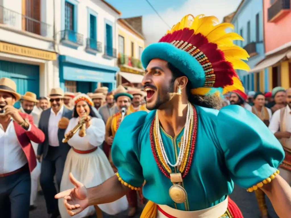 Apasionada actuación de murgueros en Carnaval en Uruguay, mostrando técnicas vocales para murga