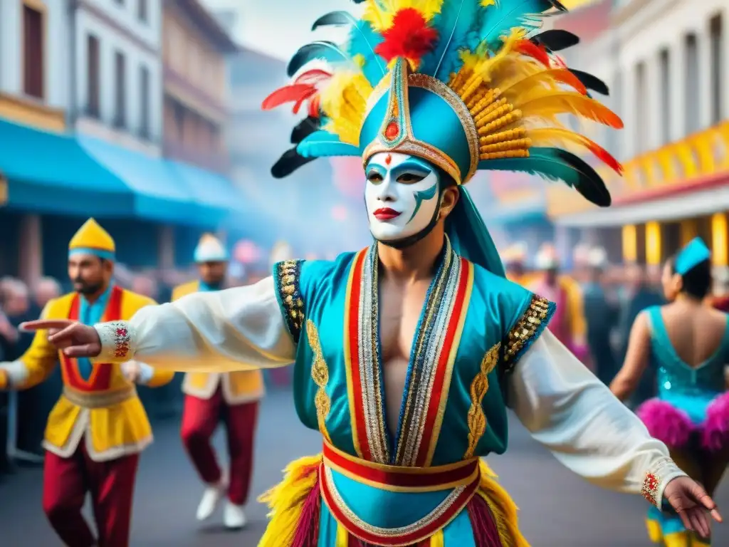 Apasionante baile en Carnaval Uruguayo con vibrantes trajes y plumas, ¡aplicaciones aprender bailar Carnaval Uruguayo!