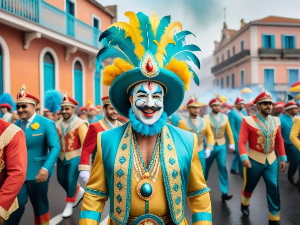 Apoyo financiero al Carnaval Uruguayo: Pintura detallada de un alegre desfile con coloridos carros alegóricos, bailarines y espectadores animados