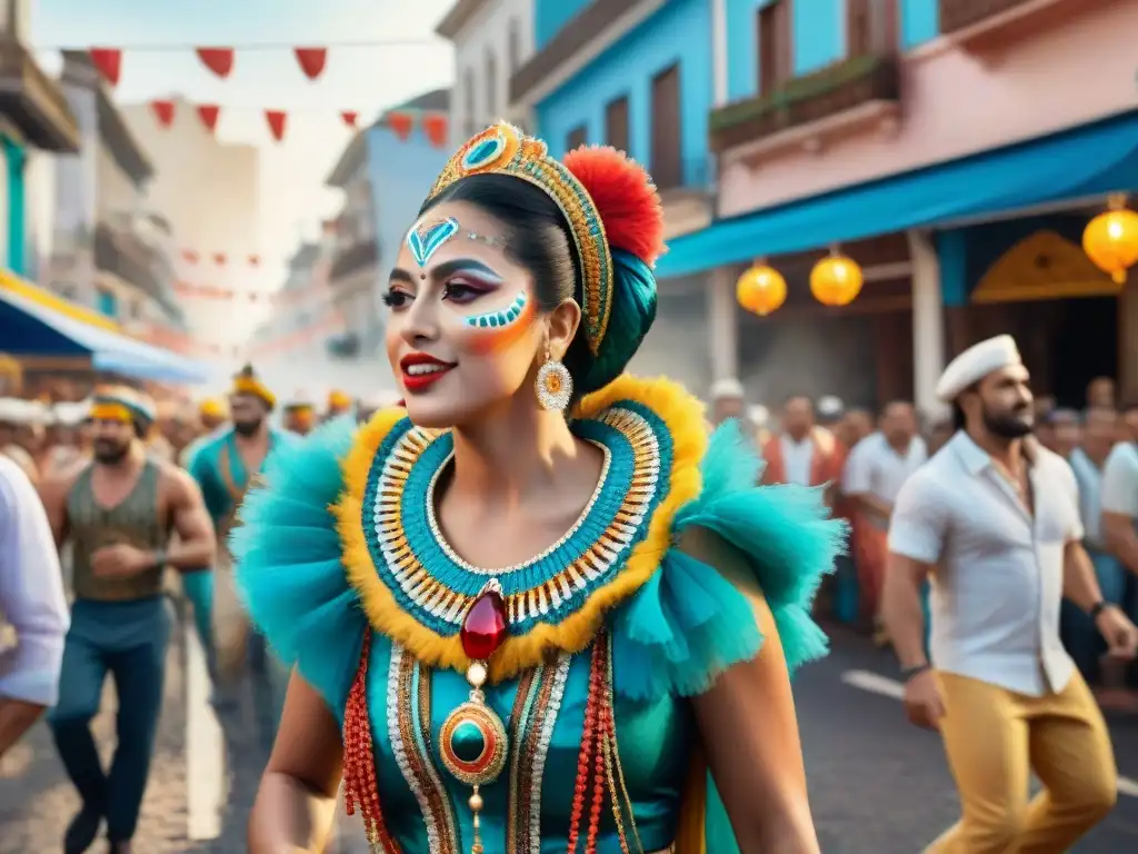 Apoyo financiero al Carnaval Uruguayo: Pintura acuarela vibrante de desfile callejero durante Carnaval en Uruguay