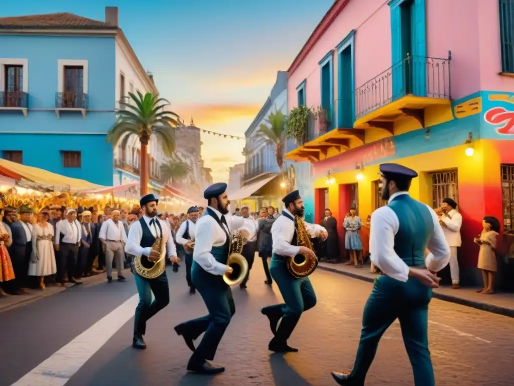 Arte callejero del Carnaval Uruguayo: una escena vibrante con bailarines y murales coloridos