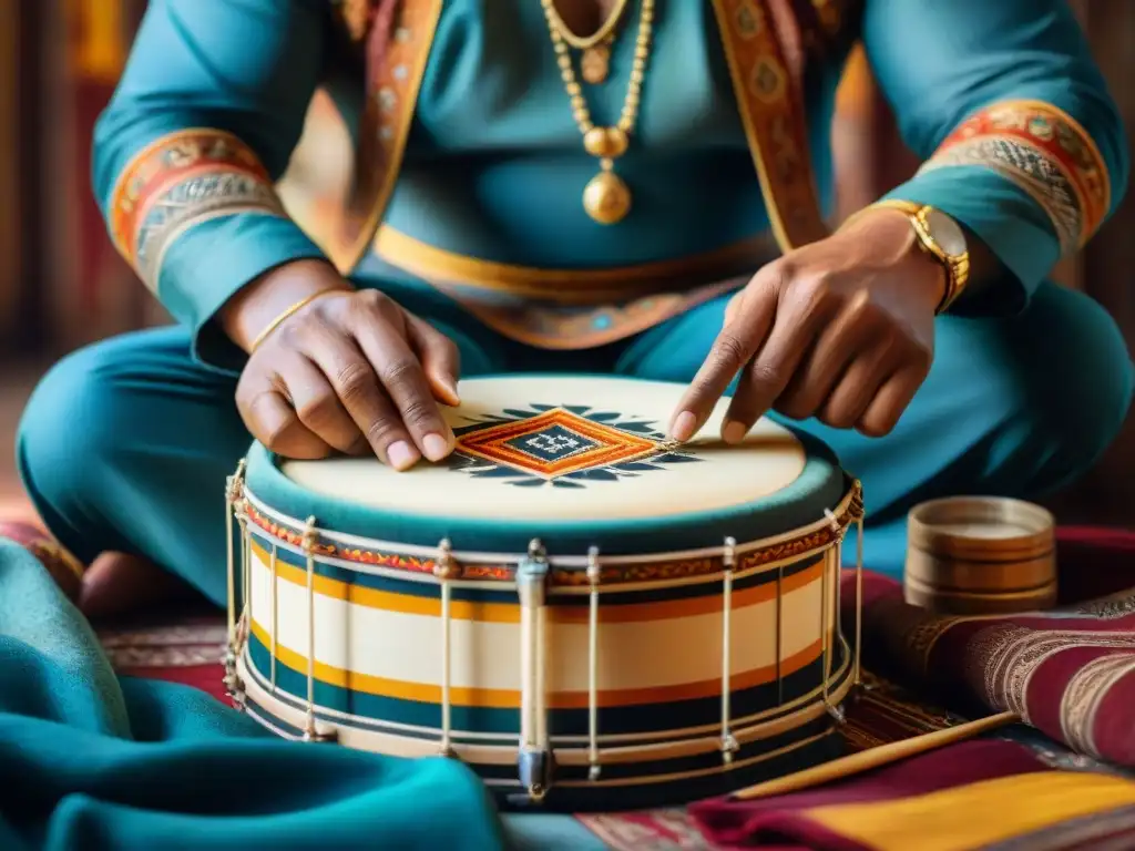 Arte en la fabricación de tambores, transmitiendo generaciones de tradición y expertise en vibrante acuarela