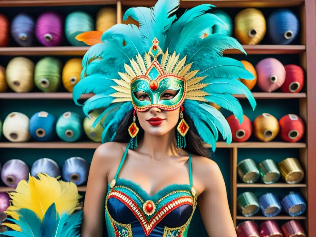 Artesanía vibrante de trajes de Carnaval Uruguayo con máscaras, plumas y colores vibrantes en taller bullicioso