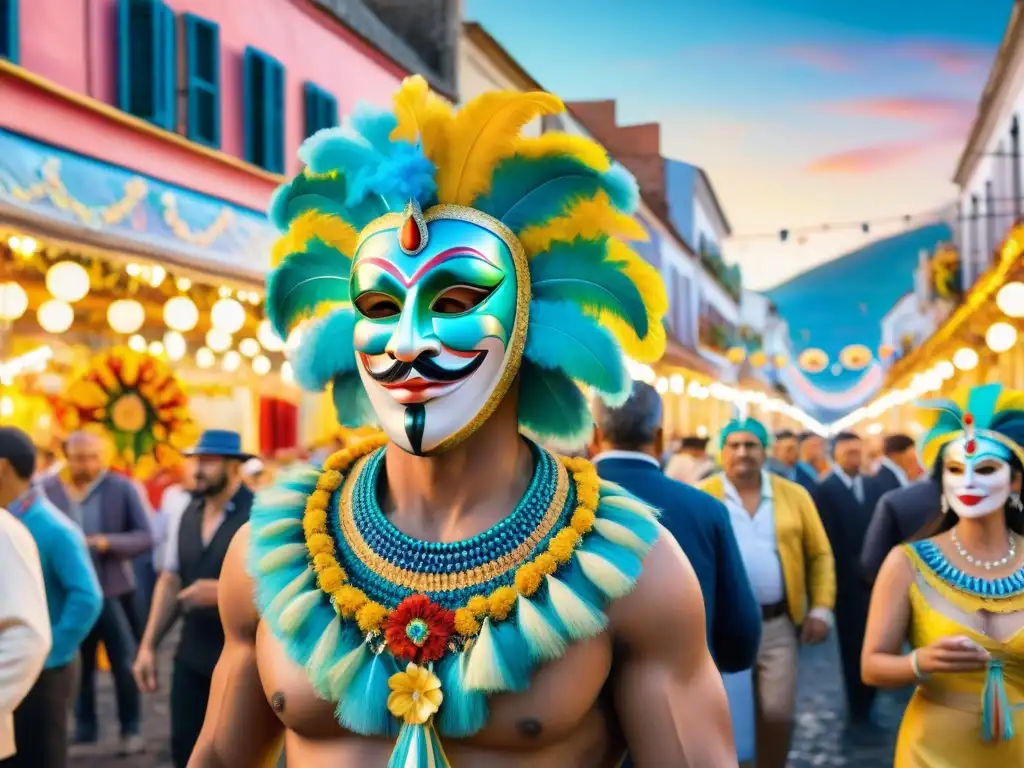 Artesanías del Carnaval Uruguayo: Colorida fiesta callejera con máscaras y trajes tradicionales, carrozas y edificios coloniales