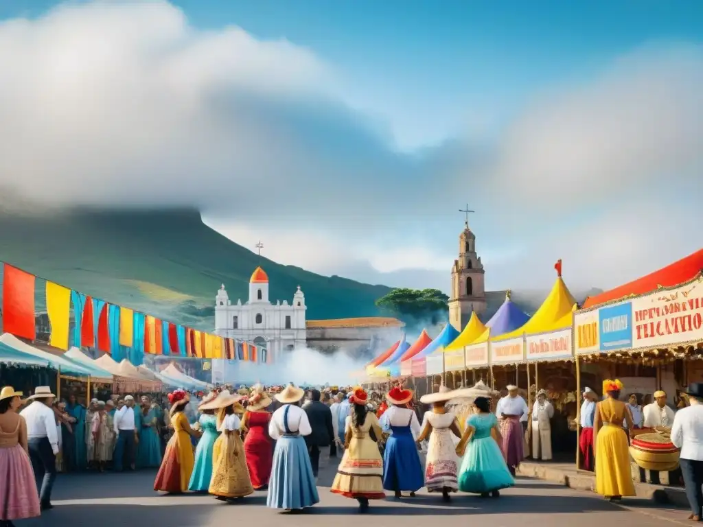 Artesanías del Carnaval Uruguayo: escena vibrante de carnaval en Uruguay con trajes coloridos, música alegre y artesanías en un mercado bullicioso