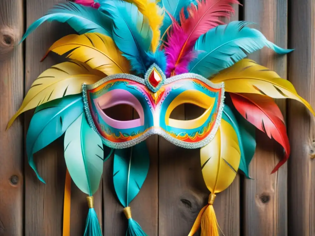 Artesanías del Carnaval Uruguayo: Máscaras vibrantes y detalladas sobre una pared de madera con streamers coloridos