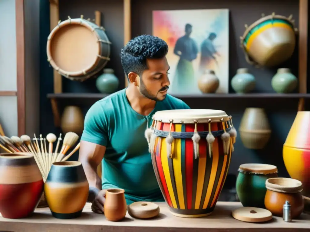 Un artesano experto en un taller rodeado de instrumentos raros en el Candombe, tallando meticulosamente un tambor