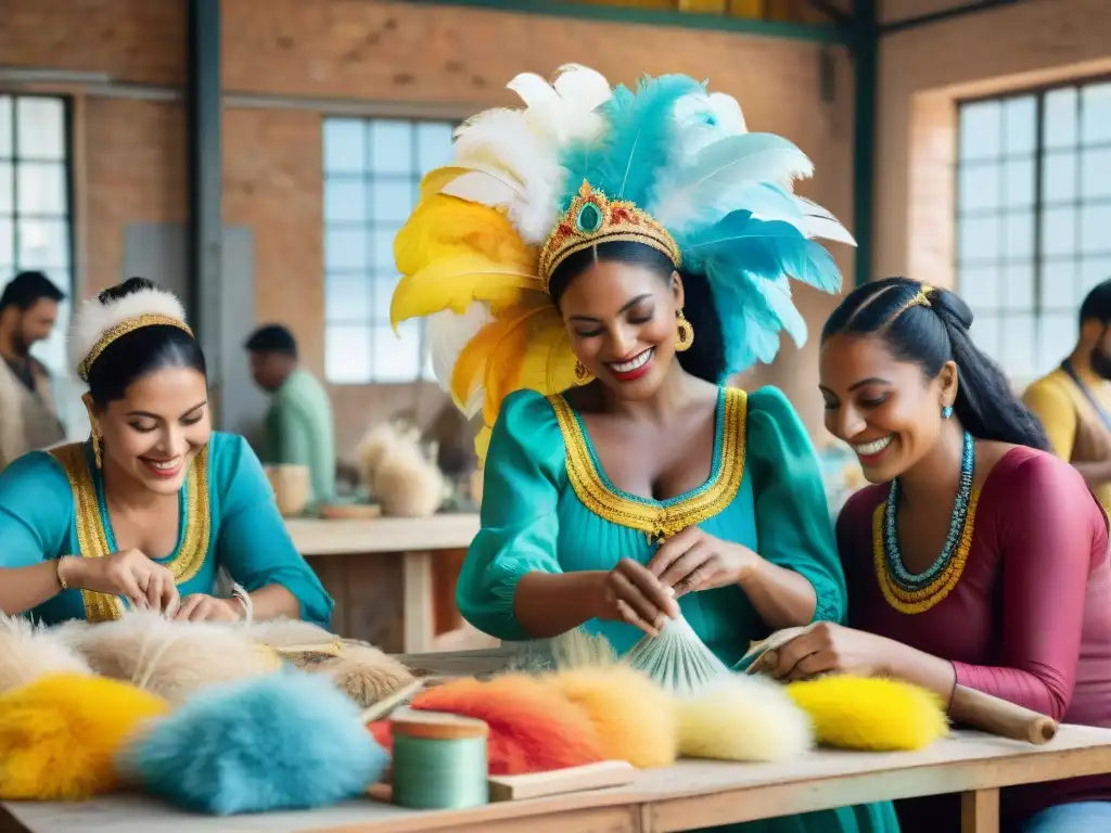 Artesanos creando trajes de Carnaval en taller sostenible de Uruguay, reflejando comunidad y tradición con textiles coloridos y materiales ecofriendly