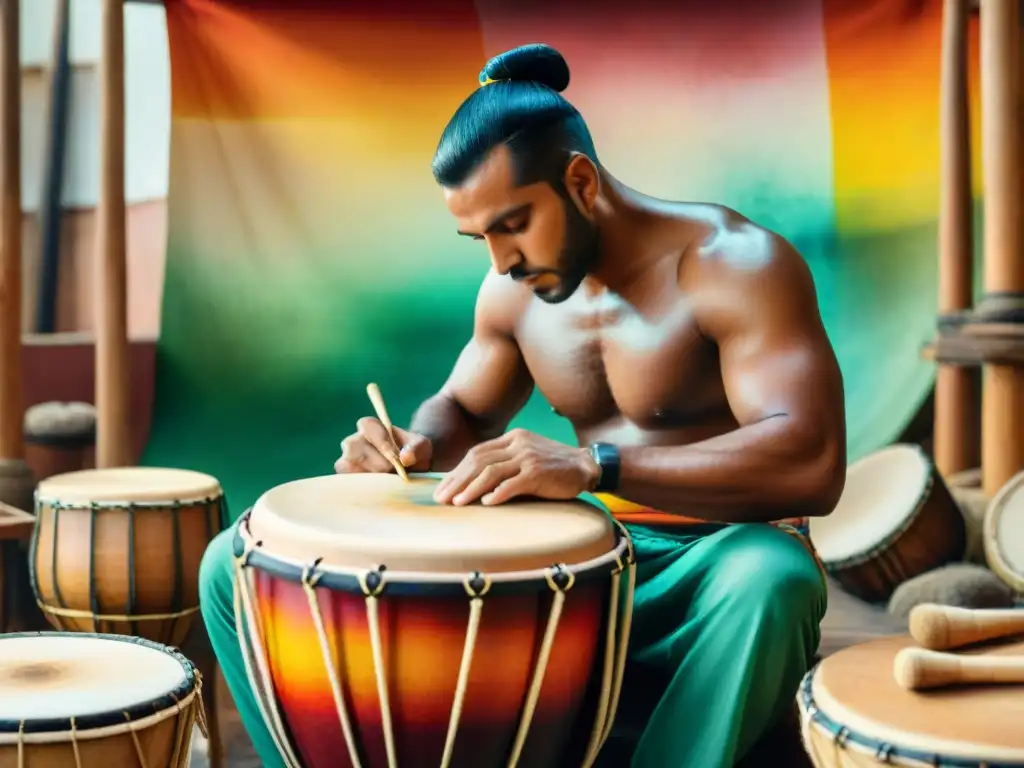 Artesanos creando un vibrante tambor de Candombe: arte tradición en vivo