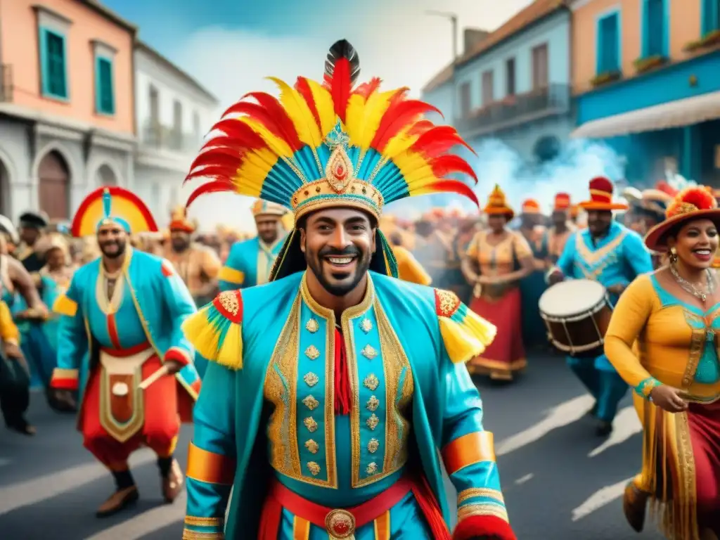 Artistas afrouruguayos en Carnaval danzando con alegría y coloridos trajes tradicionales, rodeados de espectadores