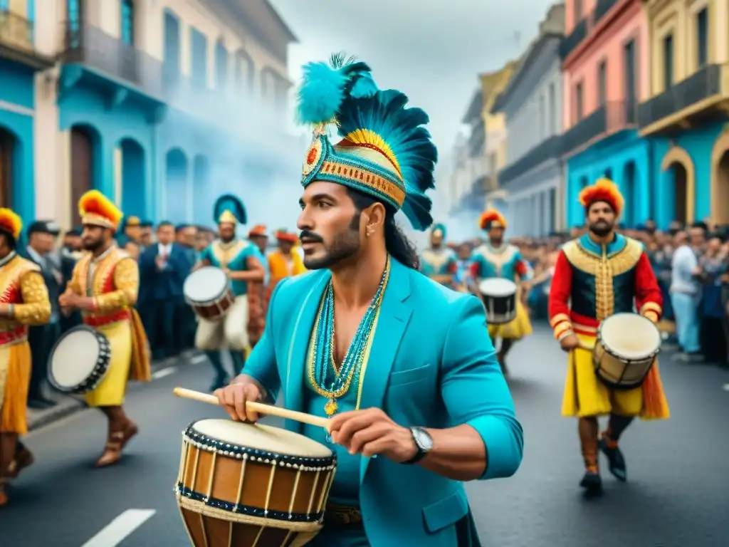 Artistas afro-uruguayos en Carnaval, vibrante desfile con tambores y baile en las calles