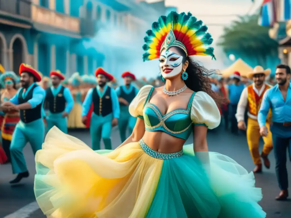 Artistas afrouruguayos en Carnaval: vibrante desfile con trajes coloridos, baile y energía festiva