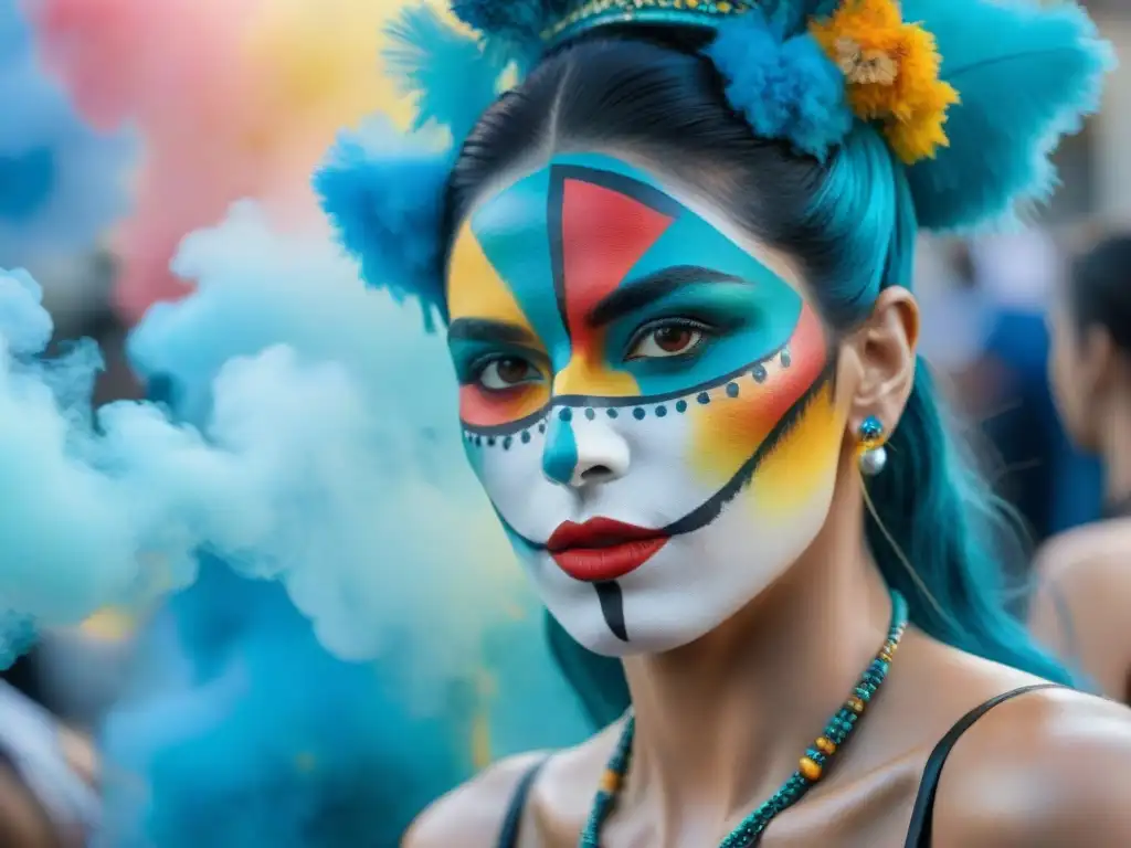 Artistas de body painting Uruguay crean diseños coloridos inspirados en motivos tradicionales, en medio del vibrante Carnaval de Montevideo