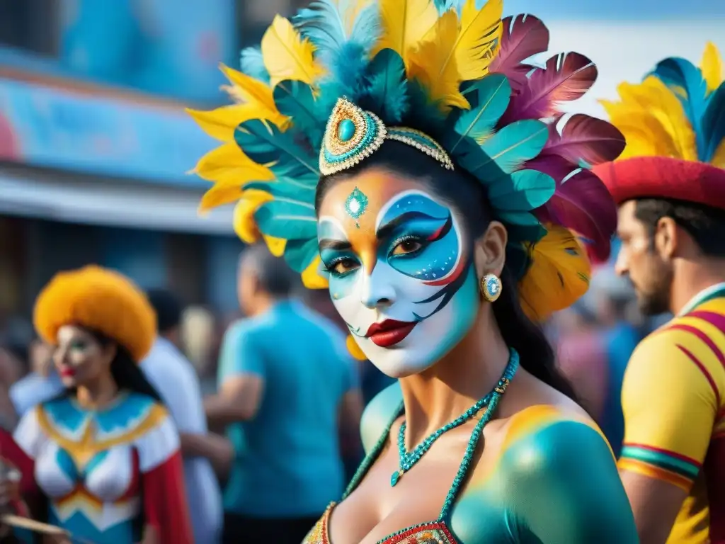 Artistas de body painting en Uruguay crean diseños coloridos en desfile de carnaval, capturando la energía y creatividad